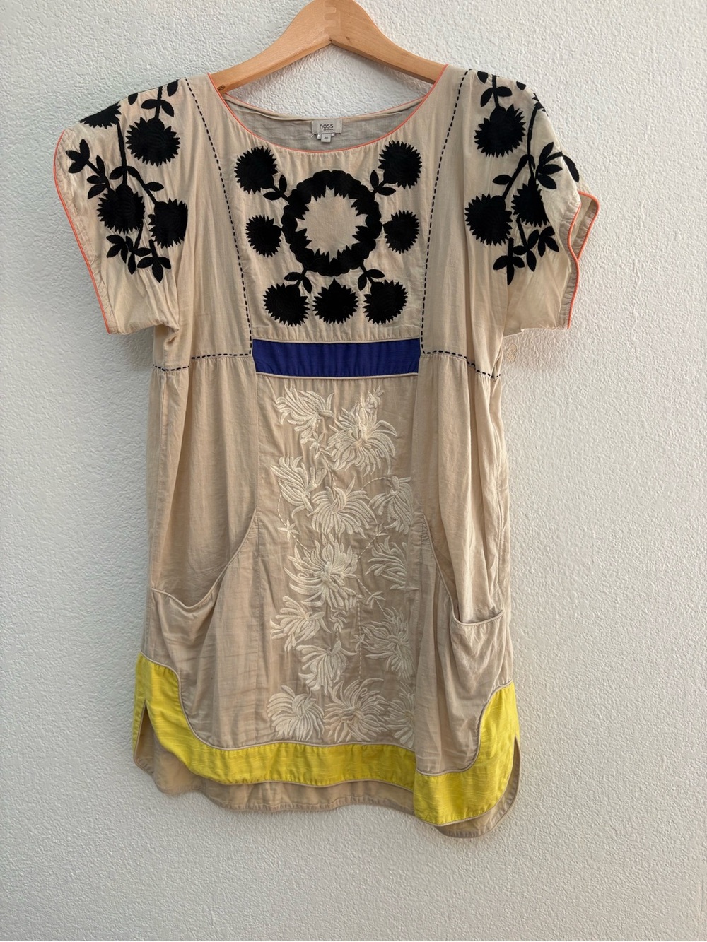 Beige Embroidered Tunic Dress with Black Floral Accents - Picture 1 of 4